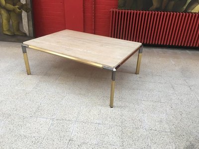 Large Living Room Table In Travertine And Gilded Metal, Circa 1970