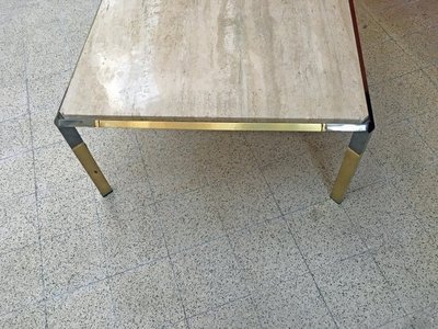 Large Living Room Table In Travertine And Gilded Metal, Circa 1970