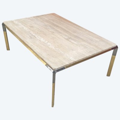Large Living Room Table In Travertine And Gilded Metal, Circa 1970