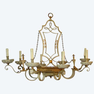 Maison Bagues Chandelier in Lacquered and Gilded Sheet Metal, Circa 1950 Very Good Condition