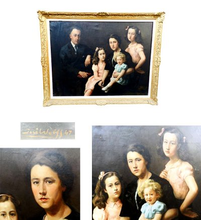 Jose Wolff, "Family Portrait" Large Oil on Canvas in a Gilt Frame, Dated 1947