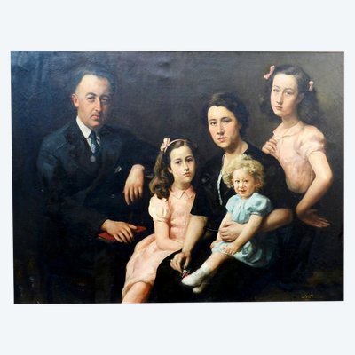 Jose Wolff, "Family Portrait" Large Oil on Canvas in a Gilt Frame, Dated 1947