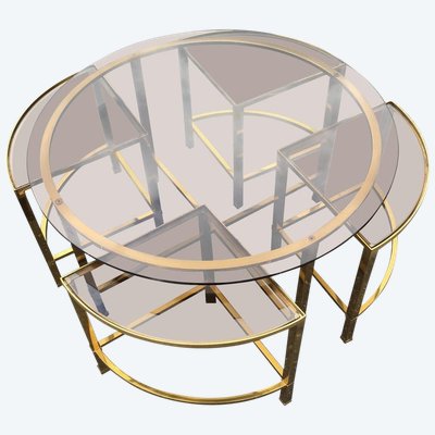 Table De Salon Et Ses 4 Tablettes d'Appoint En Laiton Et Verre Fumé, Style Maison Baguès, 1970