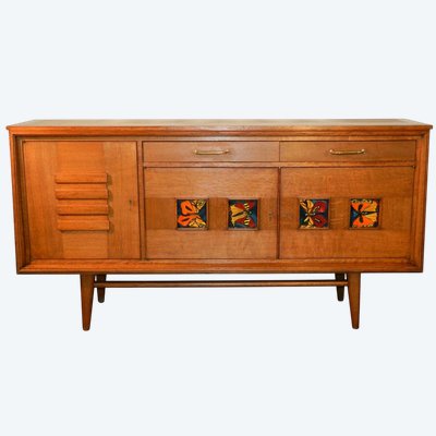 "travail Francais 1950, Bahut En Chene Et Placage De Chene, Decor De 4 Carreaux En Ceramique"