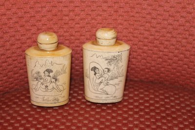 5 perfume bottles or snuffboxes with erotic bone decoration China 20th century period