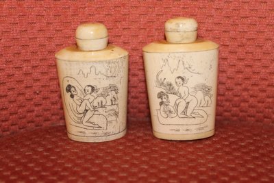5 perfume bottles or snuffboxes with erotic bone decoration China 20th century period