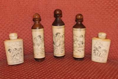 5 perfume bottles or snuffboxes with erotic bone decoration China 20th century period