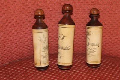 5 perfume bottles or snuffboxes with erotic bone decoration China 20th century period