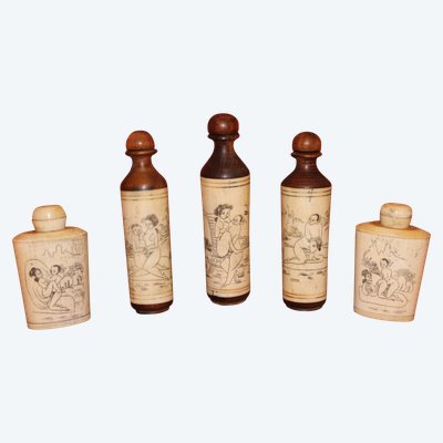 5 perfume bottles or snuffboxes with erotic bone decoration China 20th century period