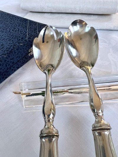 White Metal Salad Servers - Serving Spoon Set - Art Deco