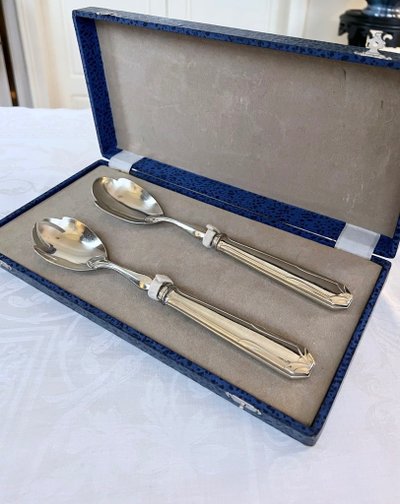 White Metal Salad Servers - Serving Spoon Set - Art Deco