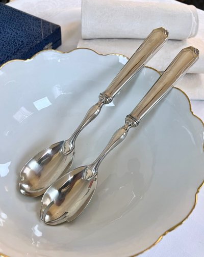 White Metal Salad Servers - Serving Spoon Set - Art Deco