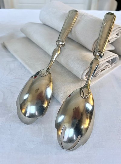 White Metal Salad Servers - Serving Spoon Set - Art Deco