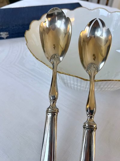 White Metal Salad Servers - Serving Spoon Set - Art Deco