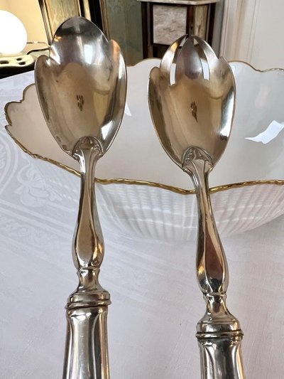 White Metal Salad Servers - Serving Spoon Set - Art Deco