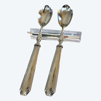 White Metal Salad Servers - Serving Spoon Set - Art Deco