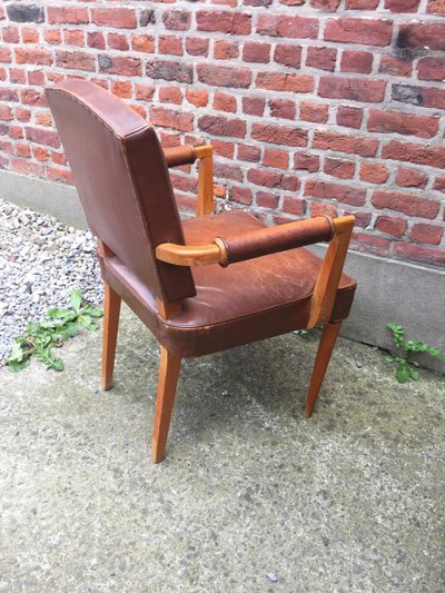 3 Fauteuils Bridges Recouvert De Cuir, Epoque Art Deco, Circa 1940