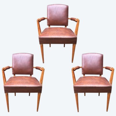 3 Fauteuils Bridges Recouvert De Cuir, Epoque Art Deco, Circa 1940