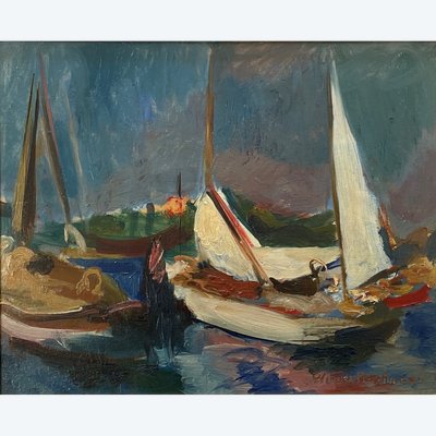 oil on panel signed by the Swiss painter Werner Hartmann (1903-1981) sailboats école de Paris