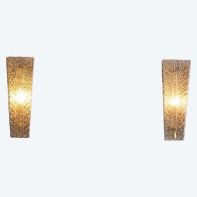 Pair of large Murano "Feuilles" wall lights, Barovier Toso.