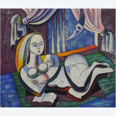 Pottet R. "jeune Femme Au Livre" Oil on Canvas Signed Bottom Right - 50x60