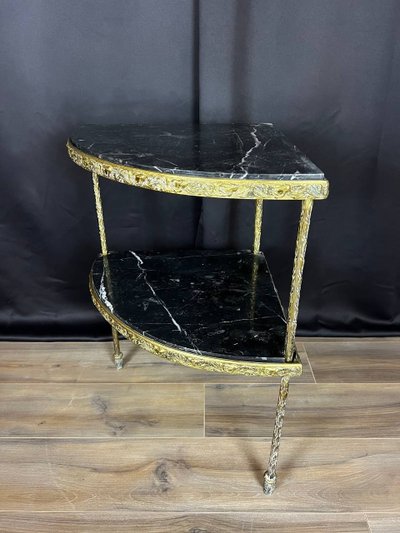 Tavolo d'angolo in marmo nero e struttura in bronzo