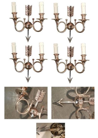 6 applique da parete neoclassiche in bronzo argentato, con monogramma, circa 1960