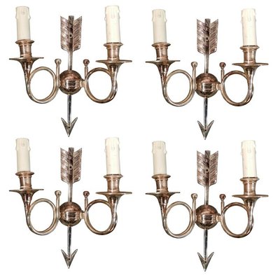 6 applique da parete neoclassiche in bronzo argentato, con monogramma, circa 1960