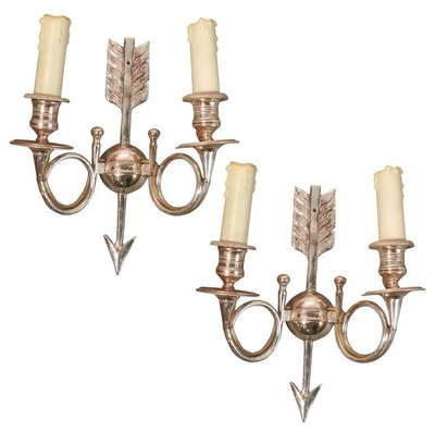 6 applique da parete neoclassiche in bronzo argentato, con monogramma, circa 1960