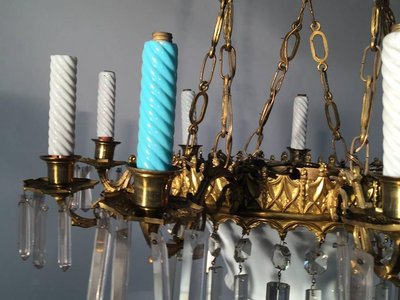 1900 Chandelier, Ceramic, Crystal and Brass