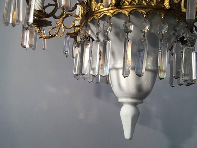 1900 Chandelier, Ceramic, Crystal and Brass