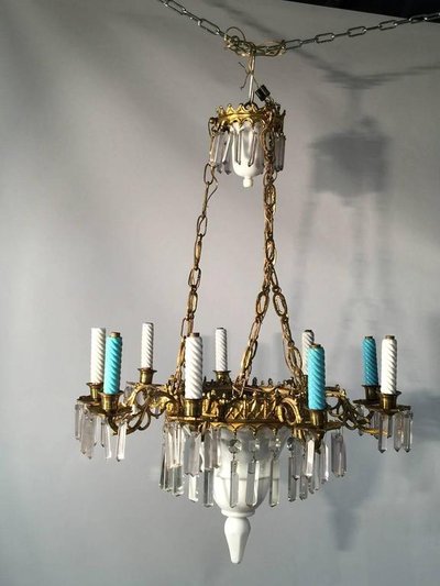 1900 Chandelier, Ceramic, Crystal and Brass