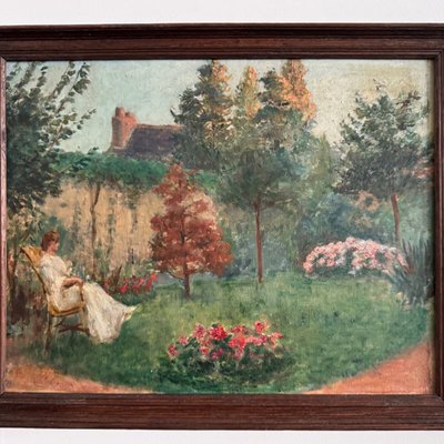 Olio su tela scena di parco con donna seduta in poltrona