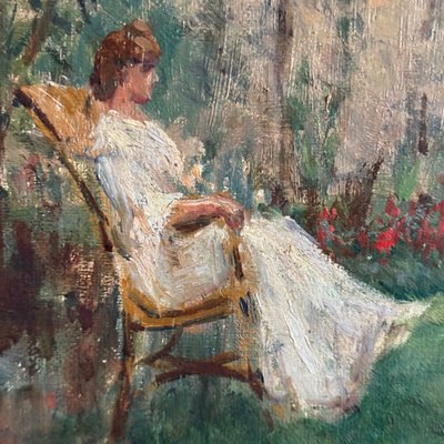 Olio su tela scena di parco con donna seduta in poltrona