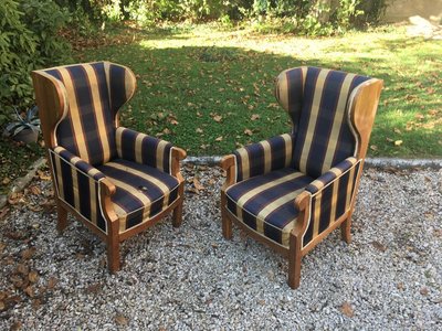Antique Large Wingback Armchairs in Walnut, Possibly Scandinavian Work