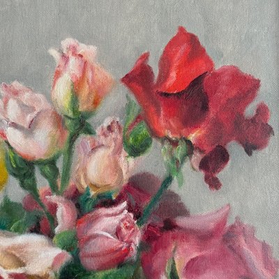 Öl auf Leinwand Stillleben Rosenstrauß von Paul Seston XX.