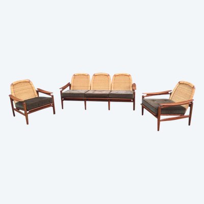 Important Scandinavian Teak And Rattan Living Room, Circa 1960/1970