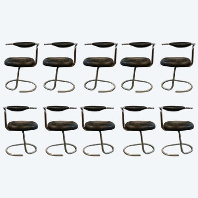 Giotto Stoppino, 10 Chrome And Moleskine Chairs Italy 1970