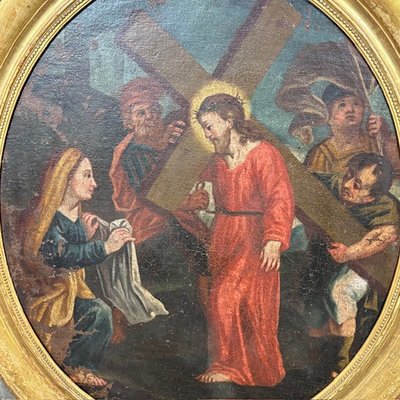 Antico dipinto olio su tela Ovale XVIII sec Gesù e il Cireneo. Cornice foglia oro . Mis 88 x cm 76 