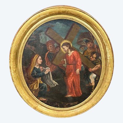 Antico dipinto olio su tela Ovale XVIII sec Gesù e il Cireneo. Cornice foglia oro . Mis 88 x cm 76 