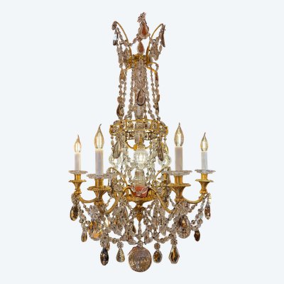 Louis XVI Style, Marie-Antoinette Chandelier in Gilt Bronze with Baccarat signed Crystal Decor