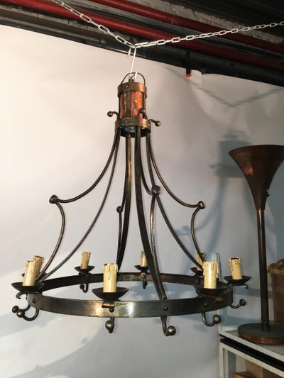 Neo Classic Steel and Brass Chandelier Circa 1950