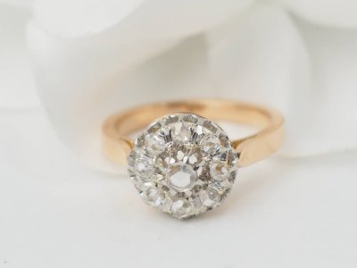 Anello antico in oro rosa, platino e diamanti