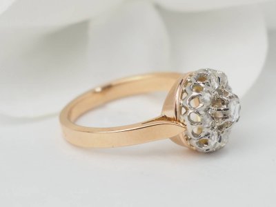Anello antico in oro rosa, platino e diamanti