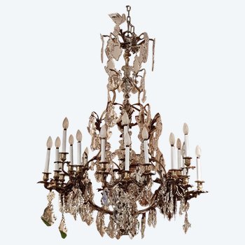 Lustre En Bronze Doré Et Cristal Taillé, Milieu XIXe Siècle