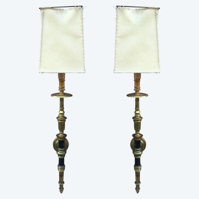 Coppia di lampade da parete neo classiche in bronzo e ottone, circa 1950
