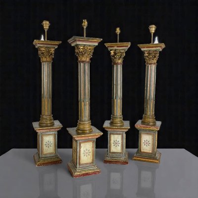 18th CENTURY ITALIAN FLORENTINE POLYCHROME WOOD PIEDESTAL TRANSFORMED INTO LAMP 96 CM