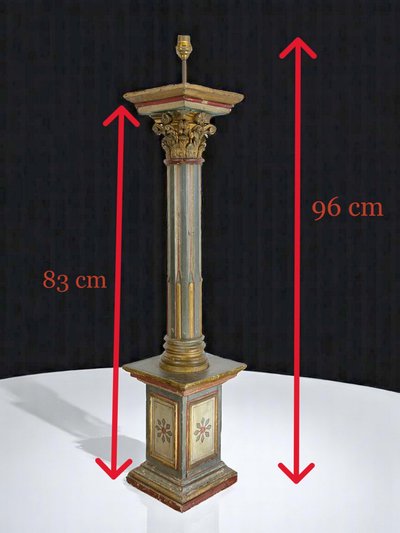 18th CENTURY ITALIAN FLORENTINE POLYCHROME WOOD PIEDESTAL TRANSFORMED INTO LAMP 96 CM