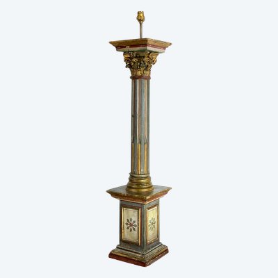 18th CENTURY ITALIAN FLORENTINE POLYCHROME WOOD PIEDESTAL TRANSFORMED INTO LAMP 96 CM