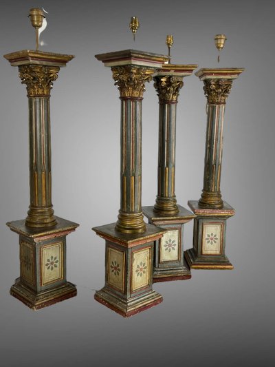 SERIES OF FOUR 18th-CENTURY ITALIAN FLORENTINE PIEDESTALS IN POLYCHROME WOOD